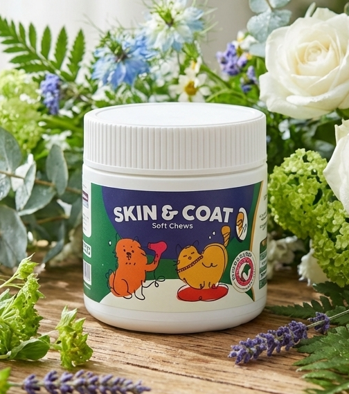 Jar of 'Skin & Coat' product surrounded by flowers on a wooden surface