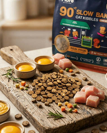 Cat food on a wooden board with a package of 90c Slow Bake Cat Kibbles in the background.