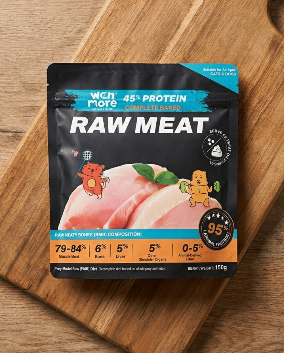 Package of rmeat treat on a wooden cutting board